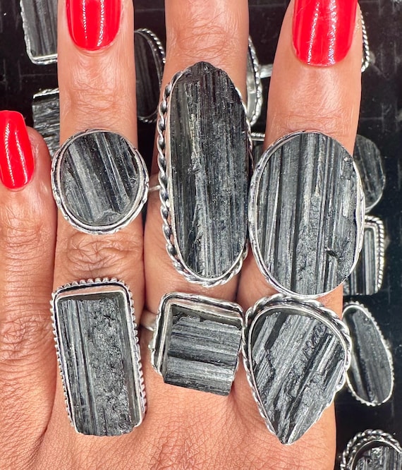 Raw Black Tourmaline Ring: Silver Plated Adjustab… - image 1