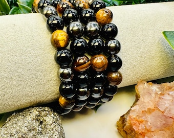 Triple Protection Bracelet: Tiger's Eye, Hematite & Black Obsidian