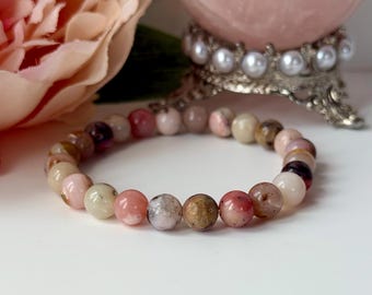 Pulsera de cristal de ópalo rosa: sanación emocional y amor propio / Joyas de piedras preciosas naturales para calma y paz interior
