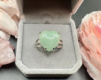 Green Aventurine Heart Ring - Silver Plated Adjustable Statement Ring