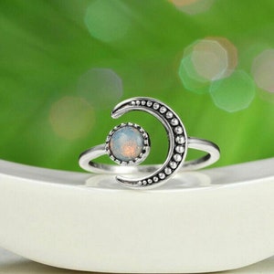 Moonstone Crescent Moon Ring: Adjustable Silver Plated Good Luck Charm