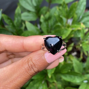 Gorgeous Heart Shaped Black Obsidian Statement Ring - Adjustable - Silver Plated - Purification, Transformation, Creativity
