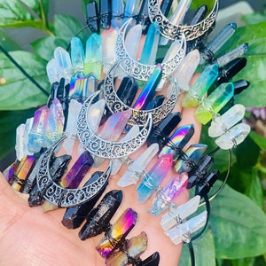 Goddess Titanium Quartz Crescent Moon Crown: Healing Crystal Tiara