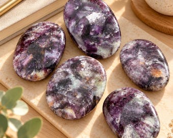 Natural Lepidolite Palm Stone with Mica, Purple Crystal Worry Stone, Calming Meditation Crystal, Polished Palm Stone Gift, 6x4cm