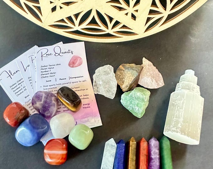 Crystal Grid Gift Set: Sacred Geometry Manifestation Kit with Tumbled, Raw and Points