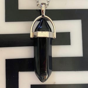 Black Onyx Crystal Point Necklace: Silver Plated Protection Pendant