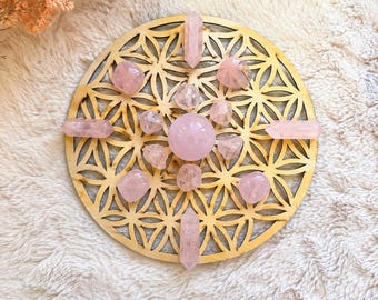 Panneau quadrillé en cristal à géométrie sacrée | Outil d'autel Fleur de vie, grille de manifestation en bois naturel