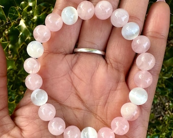 Rose Quartz and Selenite Bead Bracelet, Peace, love, healing, compassion Handmade Crystal Healing