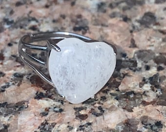 Heart Clear Quartz Ring: Silver Plated Adjustable Statement Ring
