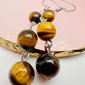 Tigers Eye Dangle Earrings - Silver Plated - Protection