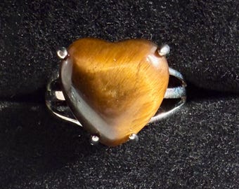 Heart Tiger's Eye Ring • Adjustable Silver Tone Crystal Jewelry