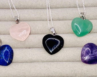 Crystal Heart Pendant Necklace: Rose Quartz, Amethyst, Lapis Lazuli