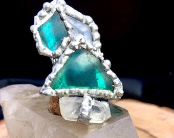 Sea Glass Statement Ring, Quartz Crystal, Size 7