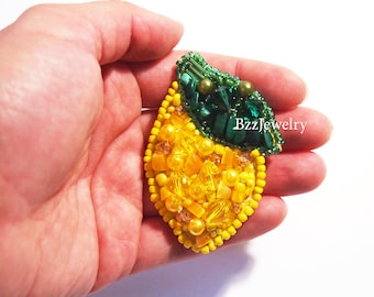 Broche de limão, broche dolce, broche bordado, broche vegetariano dolce, joias com miçangas, broche de contas de frutas, bordado, presente de mãe para mulher
