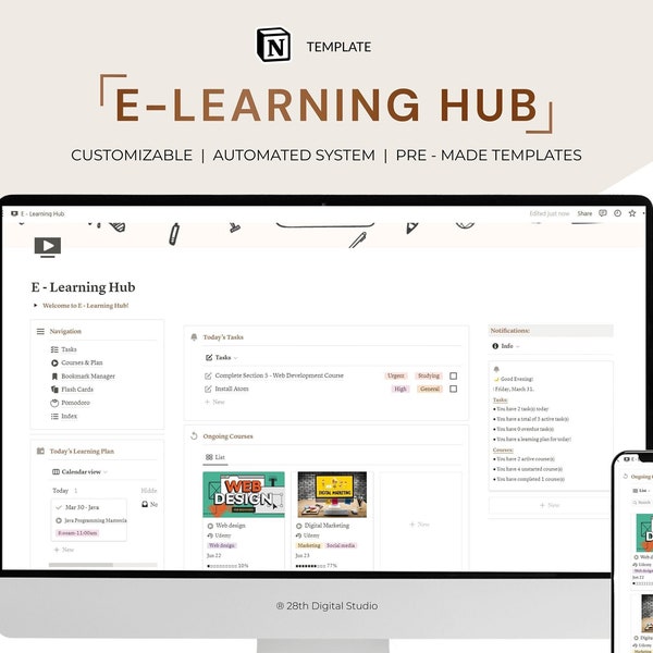 E-Learning Hub Notion Template, Online Learning Tracker, Online Course Tracker, Course Planner Notion, Course Notes, Notion Course Organizer