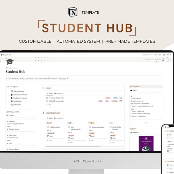 Digital Student Planner Hub Notion Template, Academic Planner, School Planner Aesthetic, College Planner Notion Dashboard, Assignment Track