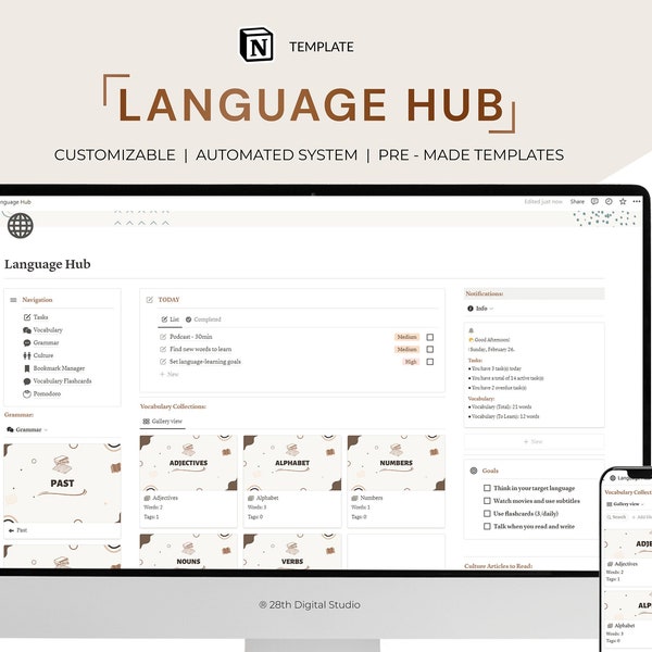 Notion Language Learning Hub Template, Language Learning Planner Notion Template, Language Study Notion, Notion Planner, Language Journal