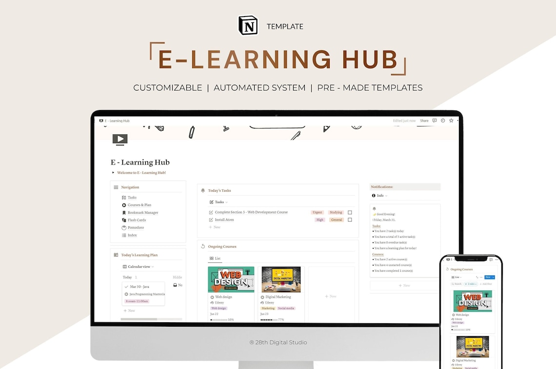 Elearning Hub Notion Template Online Learning Tracker Etsy