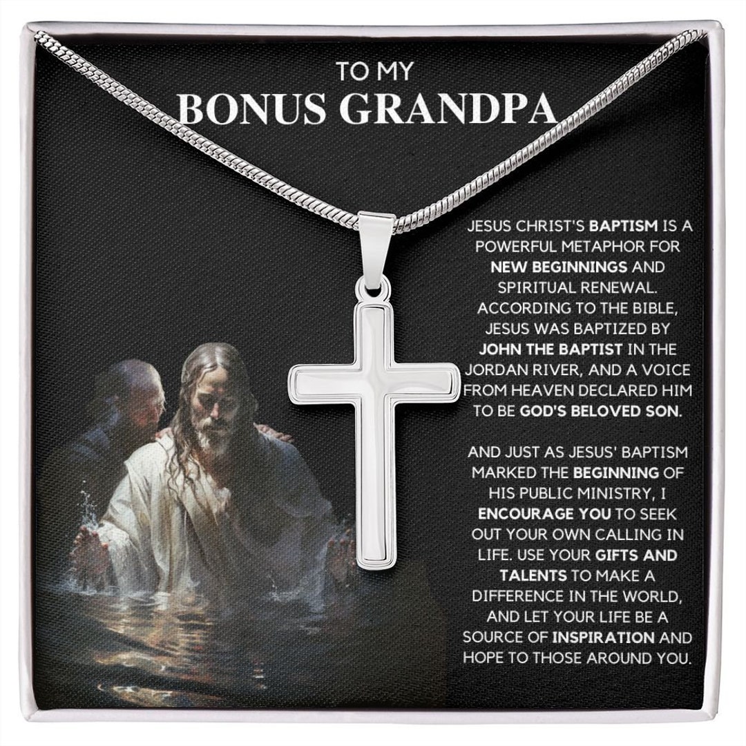Bonus Grandpa Gift Jesus Baptism Christian Cross Necklace Stepgrandfather, Blended Family Love
