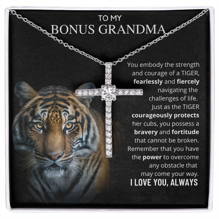 Regalo della nonna bonus tigre: collana con croce cristiana immersa in oro bianco con scheda messaggio per bonus Nana, nonna, nonna o nonna