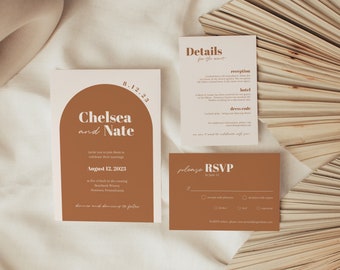 May include: A wedding invitation suite with a brown and white color scheme. The invitation features an arch with the text "Chelsea and Nate" and the date "8.12.23". The RSVP card has a brown background with white text and includes the text "please RSVP by June 12".