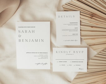 Minimal Wedding Invitation Suite Template, Modern Invitation Suite Template, Editable Printable Wedding Invitation, RSVP, Details - Sarah