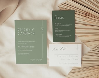 Minimal Sage Green Wedding Invitation Suite Template, Modern Invitation Suite Template, Editable Wedding Suite, RSVP, Details - Chloe
