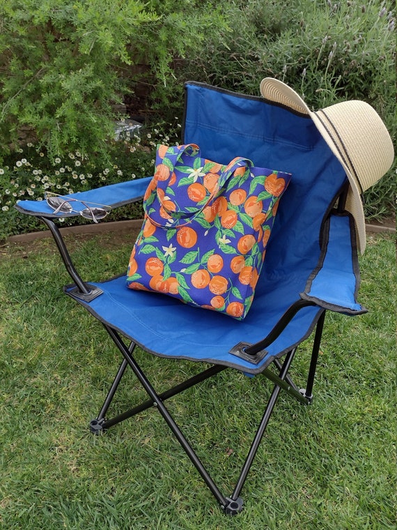 Cute Orange Fruit Tote, Blue Shop & Work Bag, Polyester Canvas Fabric Handmade Gift for Girl, Women, Mother, or Friend