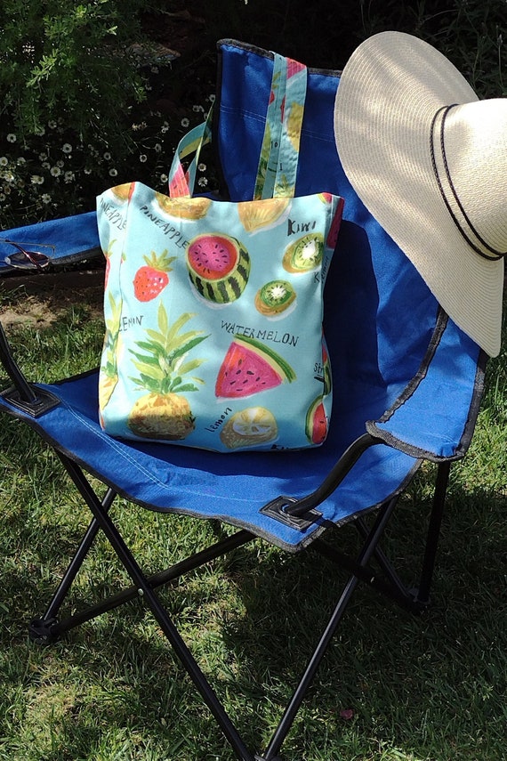 Fun Red Watermelon Tote, Strawberry, Pineapple & Lemon Fruit Bag, Blue Polyester Canvas Fabric, Utility Shop or Gift for Girl Women Friend