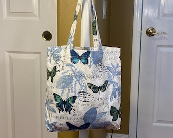 Blue Butterfly Tote, Cotton Canvas Fabric Bag, Shop, School, Work, or Gift for Girl, Women, Mother, Friend