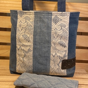 Boho Blue Denim Tote, Shabby Chic White Lace Bag, Upcycled Cotton Jean Repurposed Recycled Fabric, Work School or Gift for Girl Women Friend