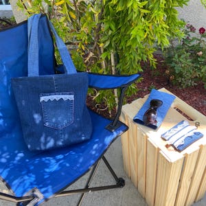 Upcycled Blue Denim Tote, Shabby Chic Lace Bag, Recycled Cotton Jean with Repurposed Pouch &  Case, Work School or Gift Girl, Women, Friend