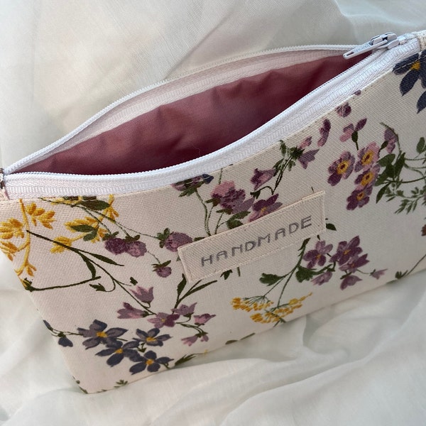 Pretty Flower Makeup Pouch, Spring Floral Zipper Cosmetic Bag Lined Purple & Yellow Blossom, Mother Day Gift, Girl, Women, Friend Birthday