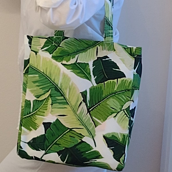 Tropical Green Palm Tote, Leaf Plant Print Bag, Utility Canvas Fabric, Vacation Travel Carry All, Mother Day Gift, Women or Friend Birthday