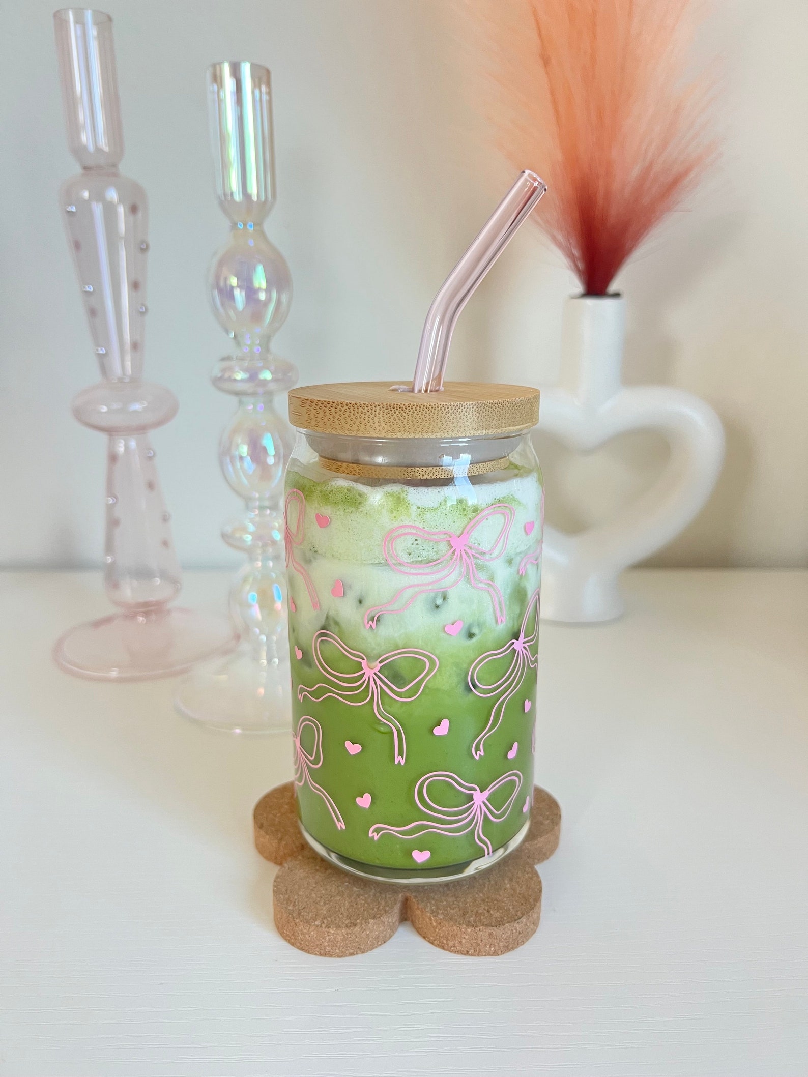 Pink Bow and Hearts Glass Can Cup With Cute Pink Ribbons and Small ...