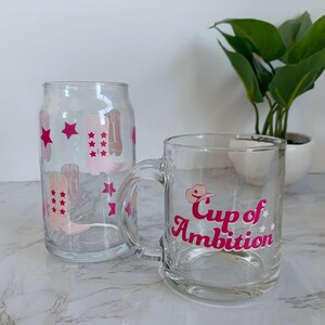 Cup of Ambition Glass Can | Cow Girl Glass Can | Dolly Parton Themed Cup | Glass Beer Can| Glass Coffee Cup l Bamboo Lid | Pink Cowgirl