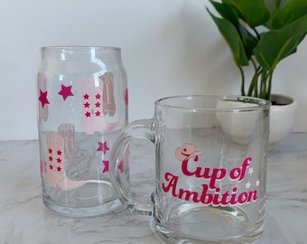 Cup of Ambition Glass Can | Cow Girl Glass Can | Dolly Parton Themed Cup | Glass Beer Can| Glass Coffee Cup l Bamboo Lid | Pink Cowgirl
