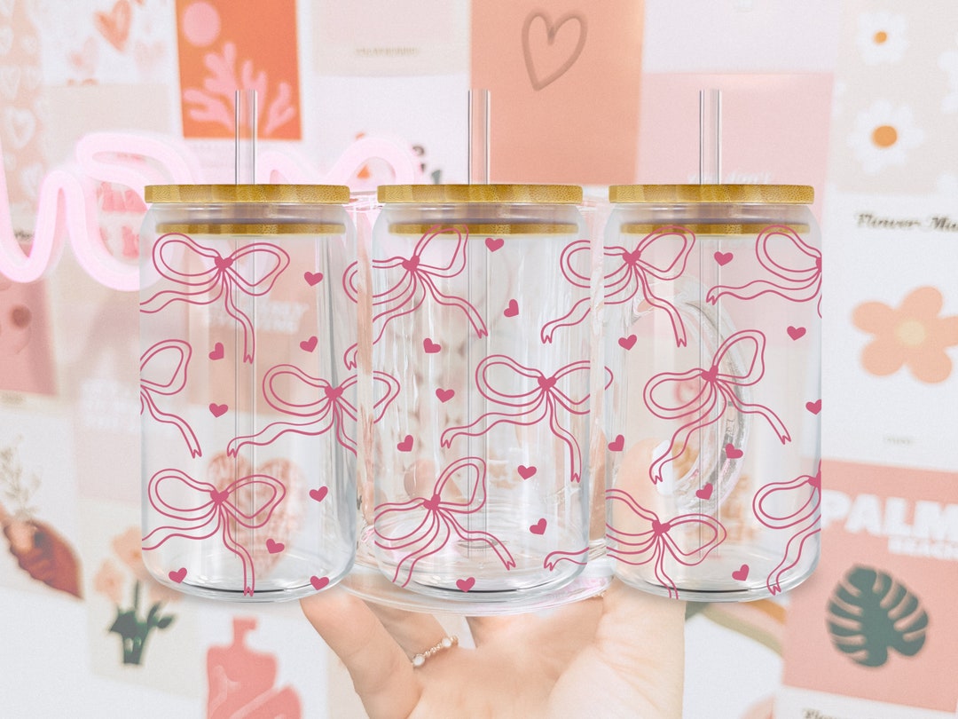 Pink Bow and Hearts Glass Can Cup With Cute Pink Ribbons and Small ...