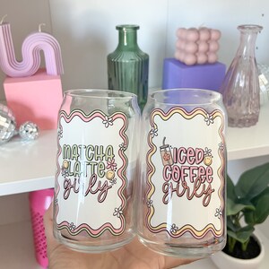 Iced Coffee Girly Glass Can Cup or Matcha Latte Girly Glass Can Cup with Cute Pastel Label - Perfect for Iced Beverages