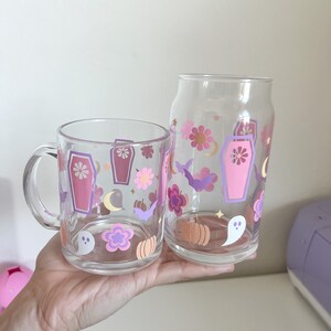 Cute Pastel Halloween Glass Can Cup with Ghosts, Bats, Pumpkins, Flowers and More Halloween Things - Perfect for the Girly Halloween Lovers