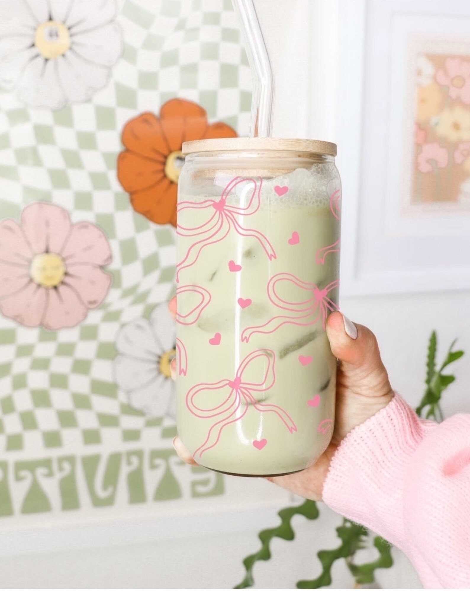 Pink Bow and Hearts Glass Can Cup With Cute Pink Ribbons and Small ...