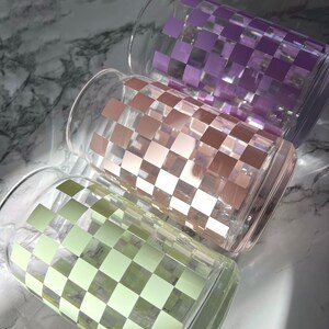 Checkered Glass Can | Glass Can Cup |  Checkered Design | Checkered Print | Glass Beer Can |  Bamboo Lid | Glass Straw Pastel Colored Design