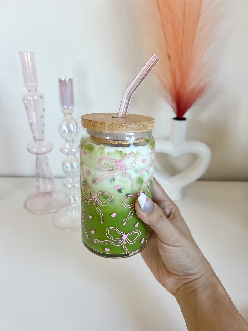 Pink Bow and Hearts Glass Can Cup With Cute Pink Ribbons and Small ...