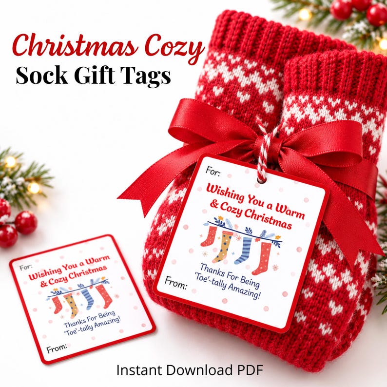 Christmas Cozy Sock Gift Tags printable shown attached to red knitted Christmas socks with a ribbon. Features colorful sock illustrations and the message “Wishing You a Warm & Cozy Christmas.” Instant download PDF for teacher, friend, and coworker gifts.