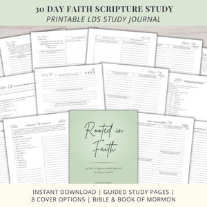 Könnte beinhalten: Eine Sammlung druckbarer LDS-Studienjournalseiten. Die Seiten sind weiß mit schwarzem Text und enthalten Abschnitte für das Schriftstudium, die Reflexion und das Tracking. Das Cover des Journals ist hellgrün mit den Worten "Rooted in Faith".