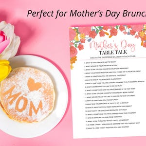Mother’s Day printable conversation game displayed with breakfast and flowers, ideal for brunch celebration. A fun and meaningful activity for families to enjoy together while sharing stories and connecting with mom on her special day.