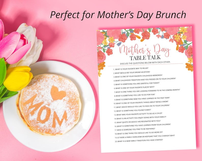 Mother’s Day printable conversation game displayed with breakfast and flowers, ideal for brunch celebration. A fun and meaningful activity for families to enjoy together while sharing stories and connecting with mom on her special day.