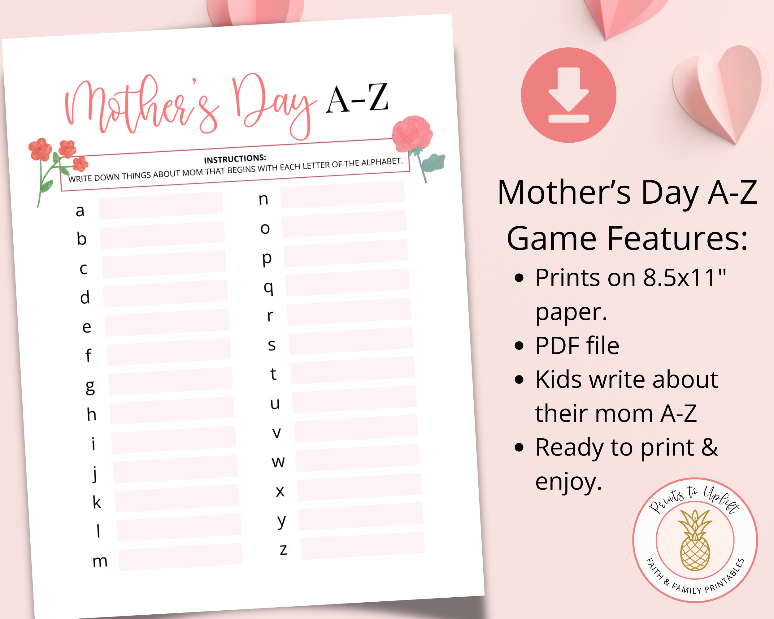 Printable Mother's Day A-Z Game | Instant Download | PDF | Mother's Day ...