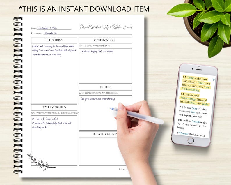 Styled photo of a woman's hand writing in this womens scripture study journal. Encourages a peaceful, focused devotional journal practice. Clean, minimal design makes it perfect for scripture reflection. Track your spiritual growth.