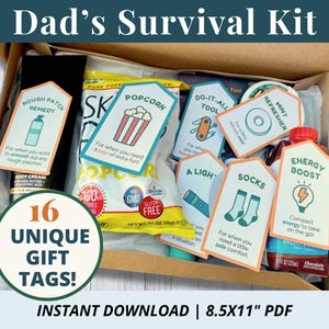 Afdrukbare tags voor overlevingskit voor vaders | Direct downloaden | 16 unieke cadeaukaartjes | Vaderdag, verjaardagen | Doe-het-zelfcadeaumand, geschenkdoos, cadeauzakje